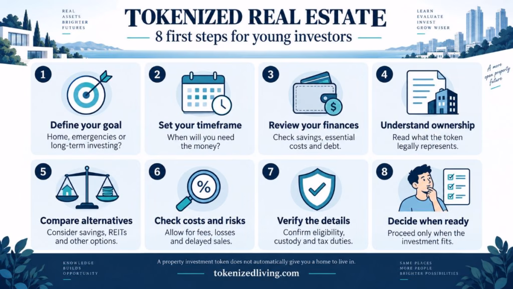 Eight steps for young investors to assess tokenized real estate, covering goals, finances, ownership, costs and risks.