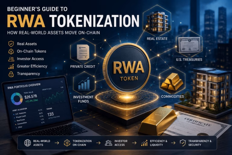 Hero image for a beginner’s guide to RWA tokenization showing real estate, U.S. Treasuries, private credit, commodities, and tokenized asset infrastructure