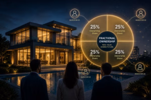 Illustration of fractional ownership in tokenized real estate showing multiple investors sharing ownership of a modern luxury property through blockchain-based investment technology.