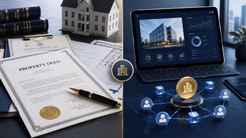 Split-screen visual comparing traditional property ownership documents with blockchain-based ownership structure