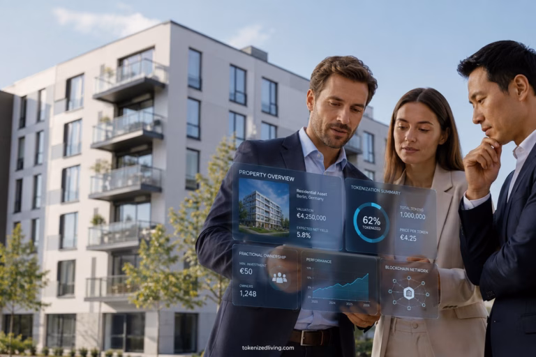 Reental Review 2026 hero image showing investors reviewing tokenized real estate data outside a modern apartment building.