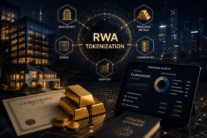 Illustration of real estate, precious metals, bonds, commodities and equities connected through RWA tokenization.