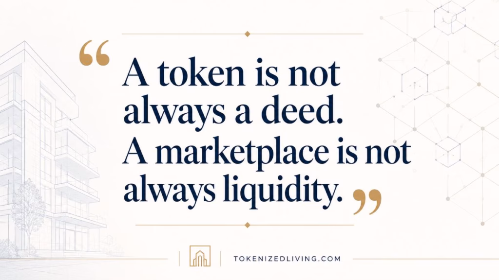 Pull quote graphic explaining that tokenized real estate investors should not confuse a token with a property deed or a marketplace with guaranteed liquidity