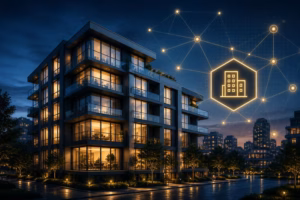 Modern apartment building with digital blockchain network overlay representing tokenized real estate investing.