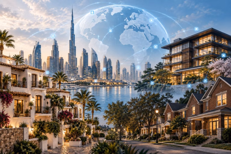 Dubai skyline, Mediterranean apartments, a Japanese-style hotel and brick homes beneath a digital globe.