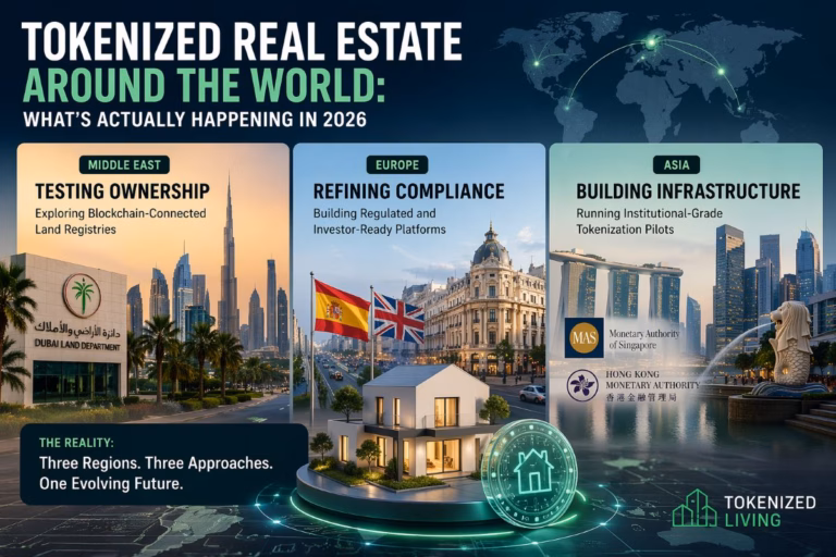 Global tokenized real estate trends in 2026 showing the Middle East, Europe, and Asia developing blockchain-based property systems and investment infrastructure