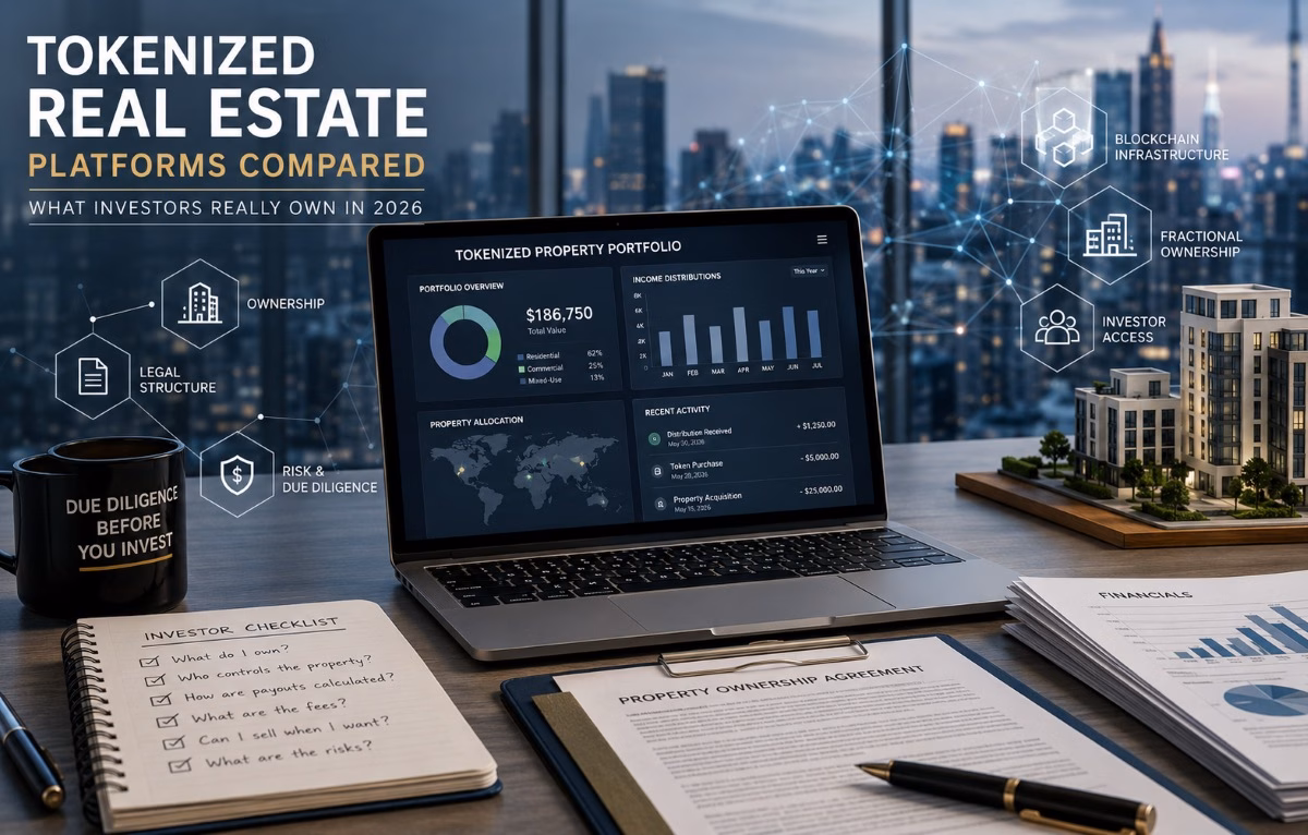 Investor reviewing tokenized real estate platforms, legal documents, property data, and blockchain-based ownership structures