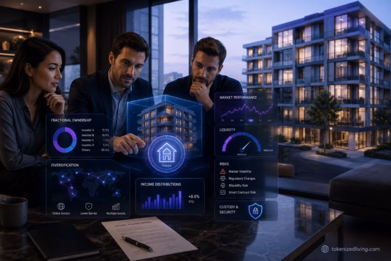 Investors reviewing tokenized real estate benefits and risks with digital property data, income distributions, liquidity, legal, and custody indicators.