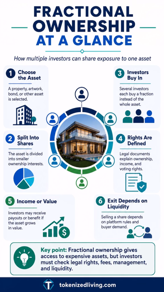 Vertical infographic explaining fractional ownership, showing how an asset is selected, split into shares, bought by investors, linked to legal rights, and affected by income, value, and liquidity.