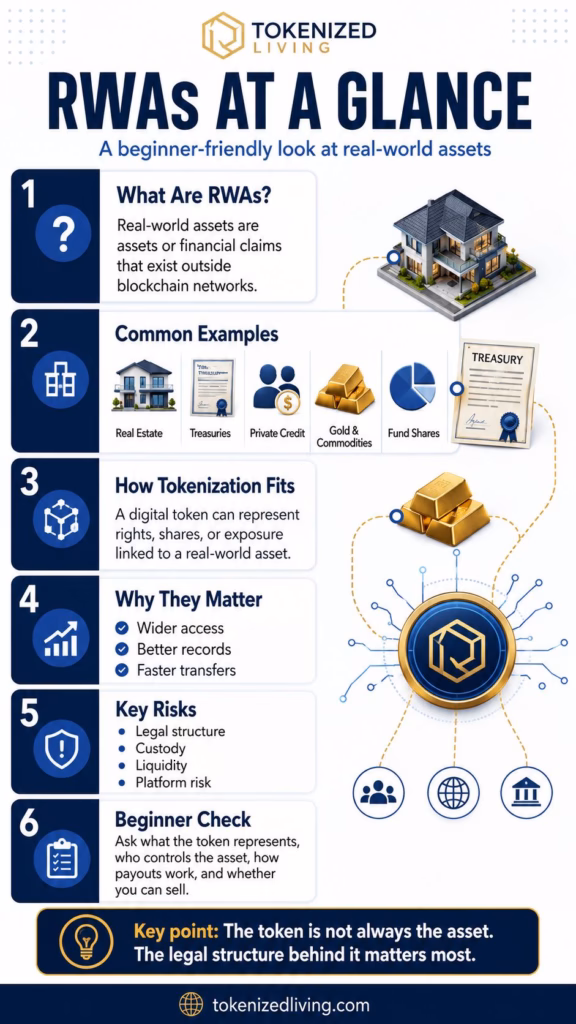 Vertical infographic explaining real-world assets, with examples such as real estate, Treasuries, private credit, gold, commodities, and fund shares, plus key risks beginners should check.