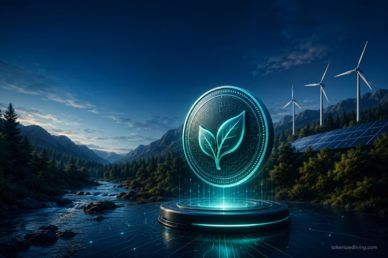 Hero image for a tokenized carbon credits article showing a digital carbon credit coin above a blockchain platform, surrounded by forest, solar panels, wind turbines, and a visual workflow of verification, tokenization, transfer, and retirement.