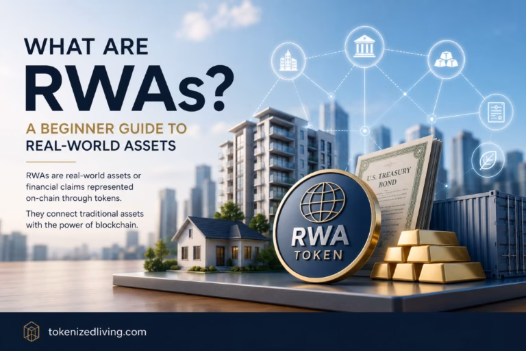 Real-world assets including property, Treasury bonds, gold, commodities, and digital tokens shown as part of an RWA tokenization concept.