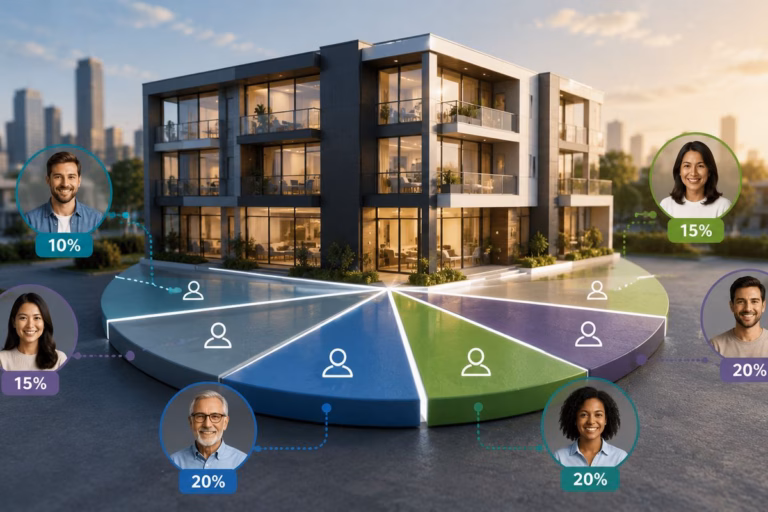 Modern property divided into ownership shares, showing how fractional ownership lets multiple investors share exposure to one asset.