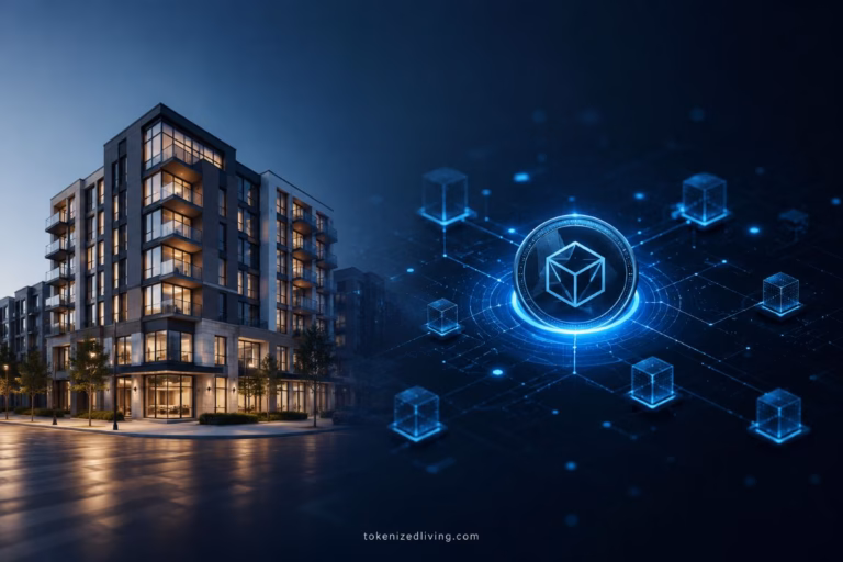 Modern apartment building connected to digital tokens, showing how real-world assets can be represented through tokenization.