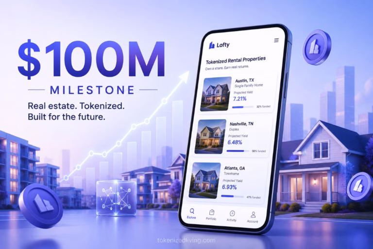 Lofty $100M tokenized real estate milestone hero image showing a mobile property investment platform, rental homes, blockchain tokens, and a rising growth chart.