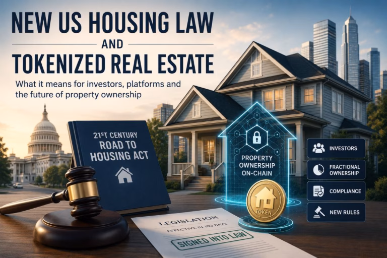 New US housing law affecting tokenized real estate, shown with a suburban home, legal gavel, US Capitol and digital property token.