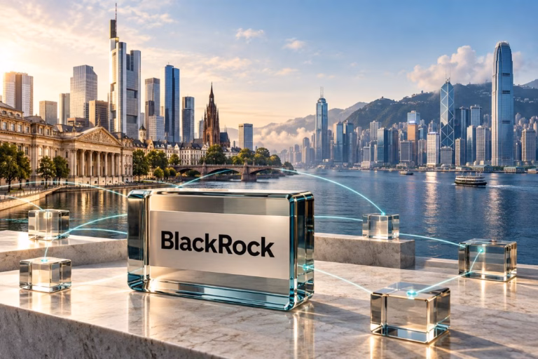 Conceptual illustration of BlackRock tokenized funds connecting European and Hong Kong financial districts.