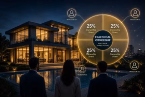 Fractional property ownership illustrated by a house and four equal 25% ownership shares.