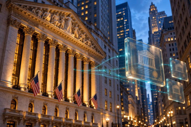 New York Stock Exchange with digital share records, illustrating plans for NYSE tokenized stocks.