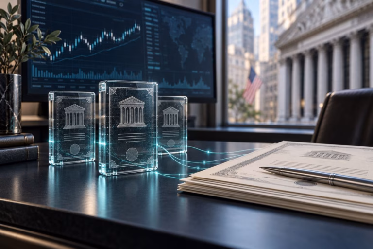 Digital share certificates connected to ownership documents beside a U.S. stock market screen.
