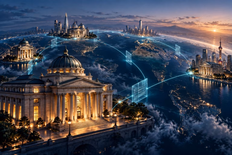 Banks connected by glowing digital pathways across a globe, illustrating Swift tokenized deposits and cross-border payments.