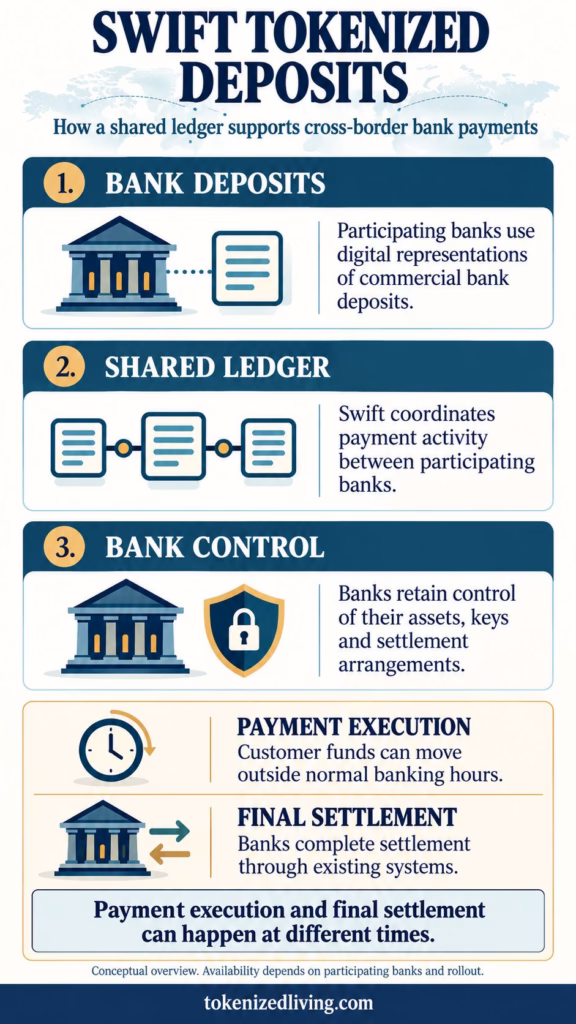 Swift tokenized deposits infographic explaining bank deposits, shared ledger coordination, bank control, and payment execution versus final settlement.