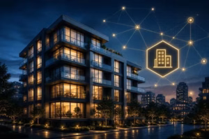 Modern apartment building with a digital network overlay representing tokenized property ownership.