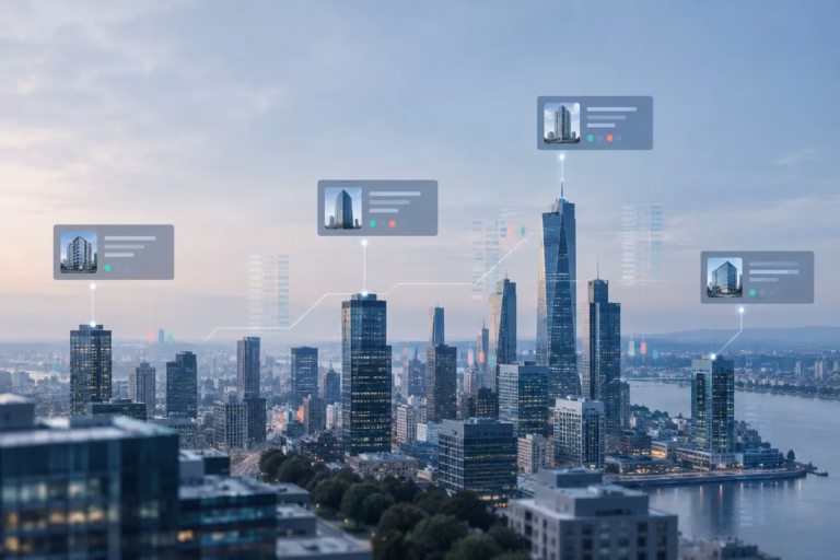 City skyline with abstract property title cards connected by ledger lines, illustrating tokenized real estate and the concept of transferability without implying guaranteed liquidity.