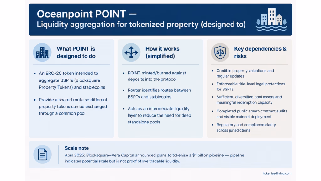 Infographic summarising POINT: its intended purpose to aggregate BSPTs and stablecoins, simplified mechanics (mint/burn, router), and key dependencies such as valuations, legal title security, pool size, audits and regulation.